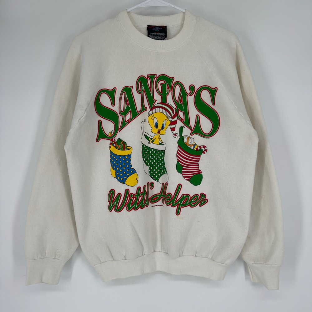 Vintage 90s 1993 Looney Tunes Tweety Bird Christmas Sweatshirt Large White WB